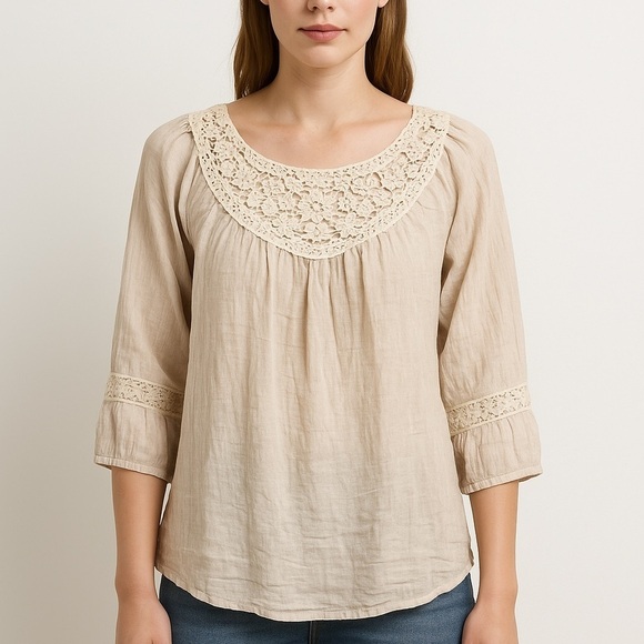 Jolt Tops - Jolt Ivory Lace Crochet Peasant Tunic Top M Boho Lagenlook Coastal Western